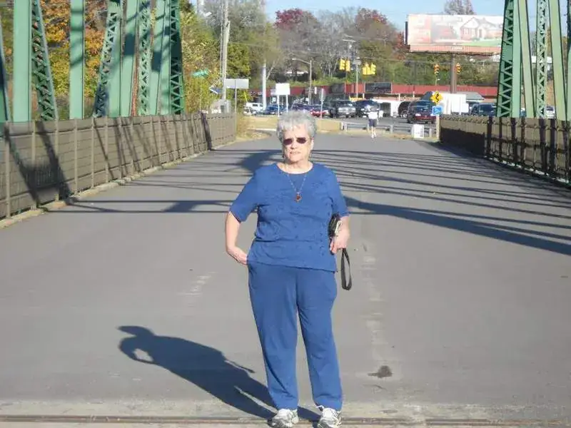 Mary walking the bridge